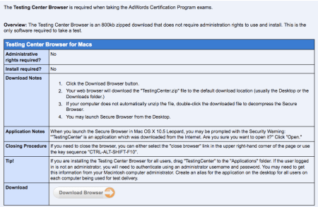 Testing Center Browser For Adwords Certification Program