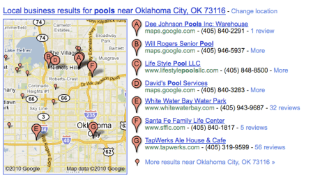 Local Business Results For Pools in Google Maps